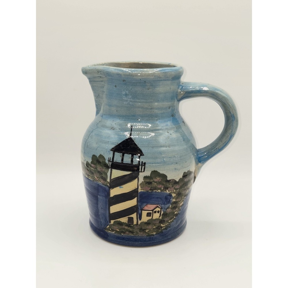 WCL‎ Pottery Hand Painted Lighthouse Pitcher Coastal Nautical Ceramic Jug